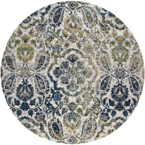 8' Round Ivory and Blue Floral Area Rug