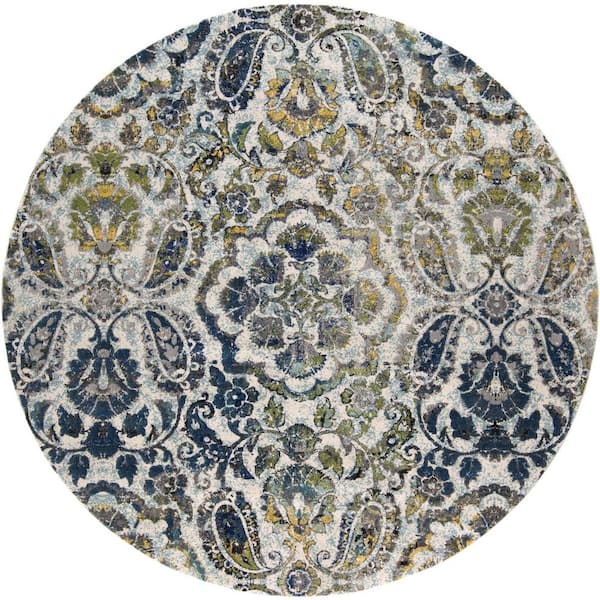 HomeRoots 8' Round Ivory and Blue Floral Area Rug