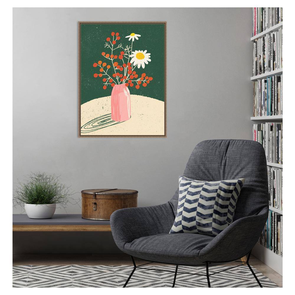 Beaded Bronze Framed Botanical Canvas Print with Pink Vase