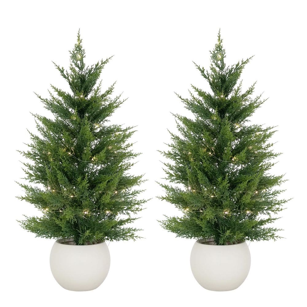 3FT Artificial Cedar Topiary Tree, 2PCS Faux Evergreen Shrubs with White Pot & Light, Fake Cypress Potted Greenery