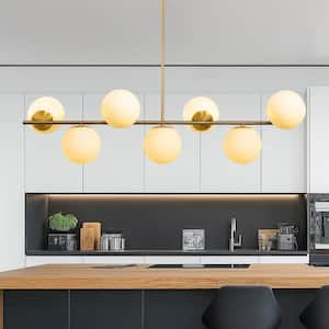 7-Light Gold Metal Pendant Chandelie Perfect for Vintage and Industrial Decorr with White Globe Glass Shades