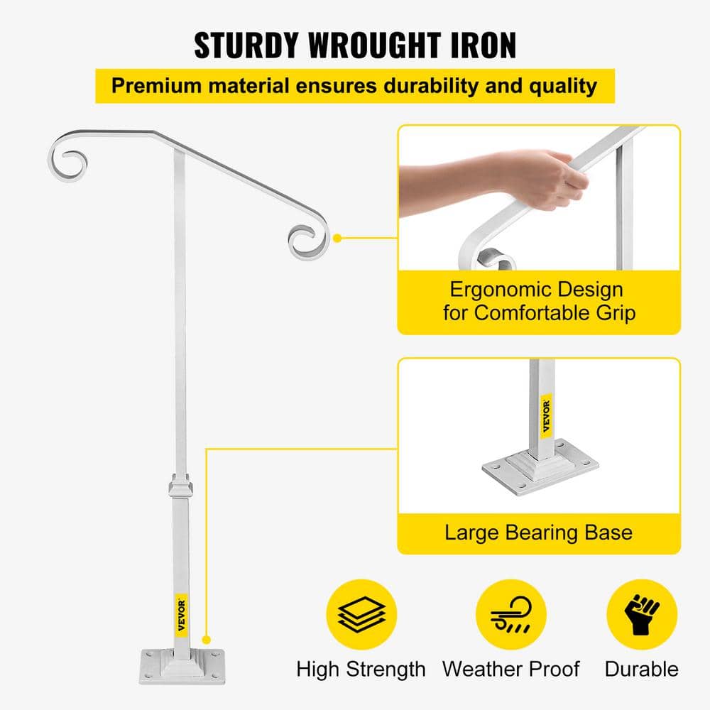 Matte White Wrought Iron Single Post Handrail for 1-2 Steps