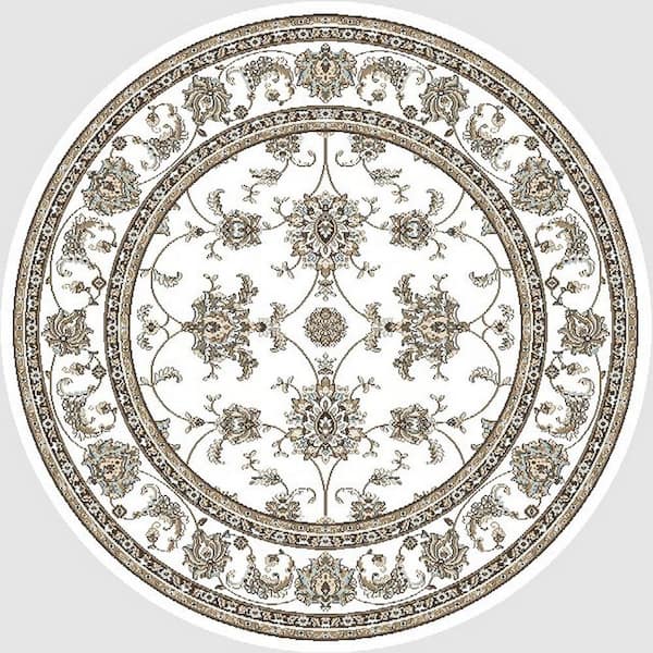 Pisa Bone 8 ft. Round Traditional Oriental Floral Scroll Area Rug