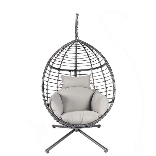 Sudzendf Metal Outdoor Patio Swing Egg Chair Natural Color Wicker with Gray Cushion