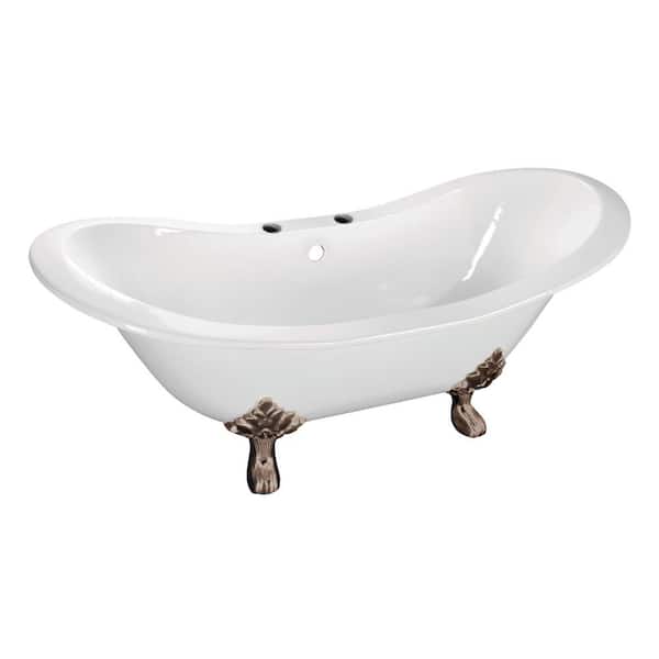 Aqua Eden 61 in. Cast Iron Double Slipper Clawfoot Bathtub in White with 7 in. Deck Holes, Feet in Brushed Nickel