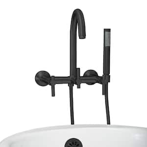 Modern 3-Handle Wall Mount Tub Faucet with Handshower and Hose, Metal Levers, in Matte Black
