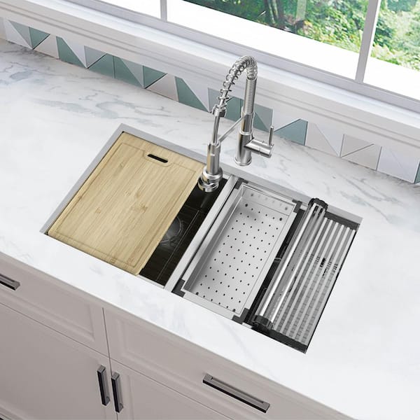 Professional Zero Radius 32 in. Undermount Double Bowl 16 Gauge Stainless Steel Workstation Kitchen Sink with Faucet