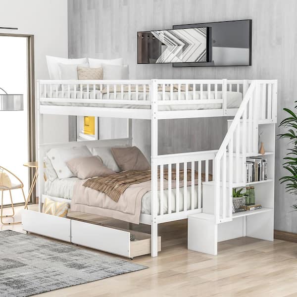 Harper & Bright Designs White Full Over Full Bunk Bed with 2-Drawers and Storage Shelves