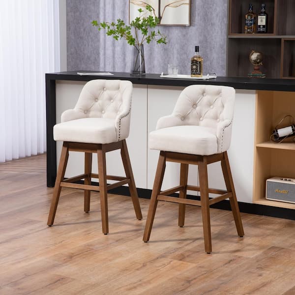 Noble House Hindan 27.95 in. Beige Solid Wood Upholstered Counter Stool with Tufted Backrest, Set of 2