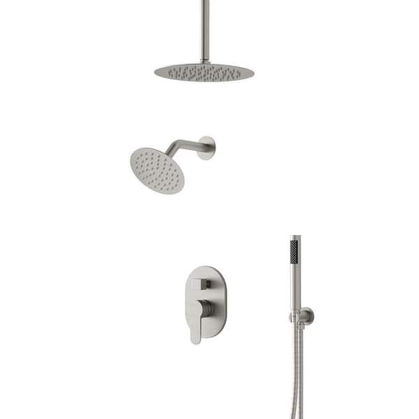 Crozet 3-Spray 10 in. Ceiling Mount Dual Fixed and Handheld Shower Head Shower Faucet 1.8 GPM in Brushed Nickel