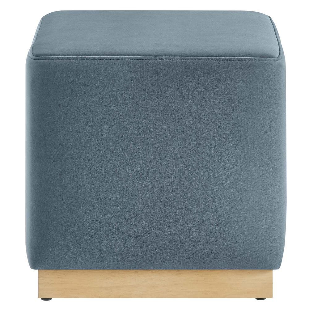 Cadet Blue Velvet Upholstered Ottoman with Rubberwood Base