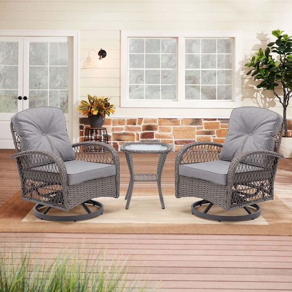 Unbranded Gray 3-Piece Metal Patio Conversation Set with Thickened Cushions and Glass Coffee for Backyard, Poolside