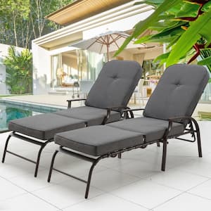Dark Brown Adjustable Tufted Metal Outdoor Lounge Chair with Gray Cushion (2-Pack)