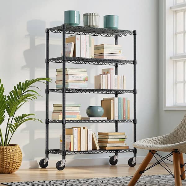 Steel Storage Shelving 5-Tier Utility Shelving Unit Steel Organizer Wire Rack with Wheels for Home, Kitchen in Black