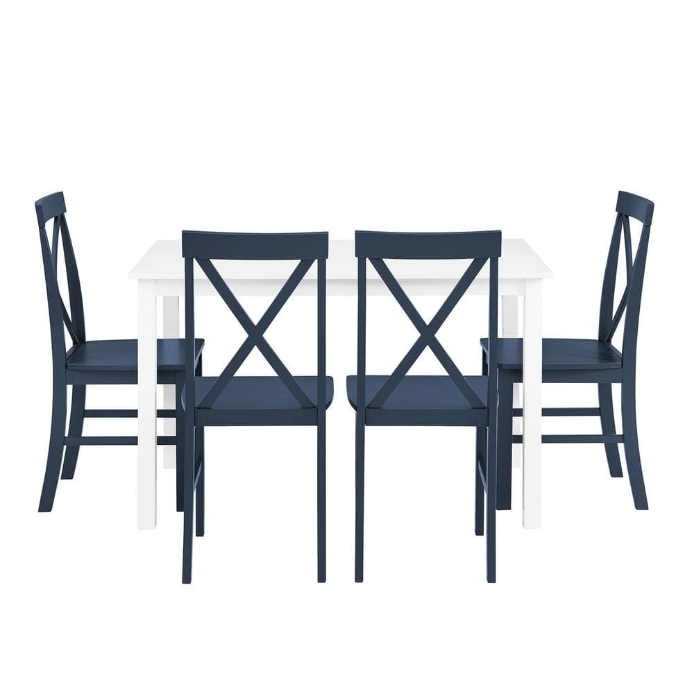 White and Navy X-Back Farmhouse Dining Set with 4 Chairs