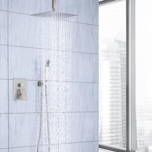 Single-Handle 1-Spray Square Shower Faucet Ceiling Mounted 12 in. Shower Head in Brush Nickel (Valve Included)