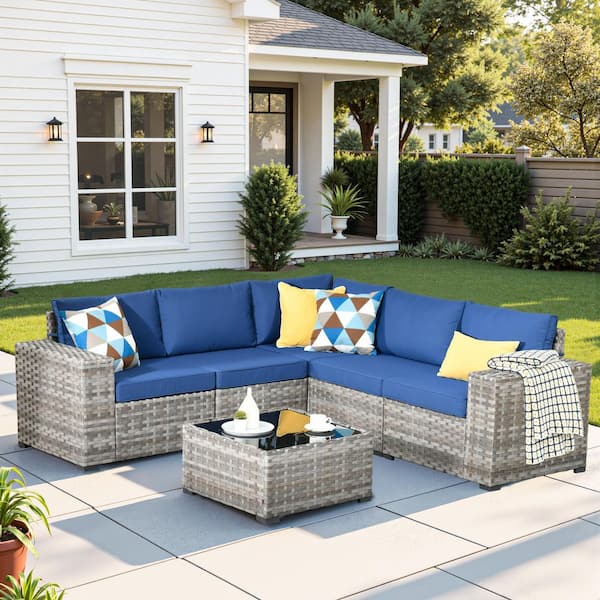 Rouge 6-Piece Wicker Outdoor Sectional Furniture Patio Conversation Sofa Set with a Table and Navy Blue Cushions