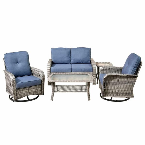 Missisi Gray 5-Piece Wicker Patio Conversation Set with Denim Blue Cushions and Swivel Chairs