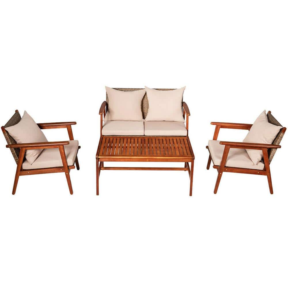 4-Piece Acacia Wood Patio Conversation Set with Brown Cushions Outdoor Furniture Set price history on PriceWatchPro