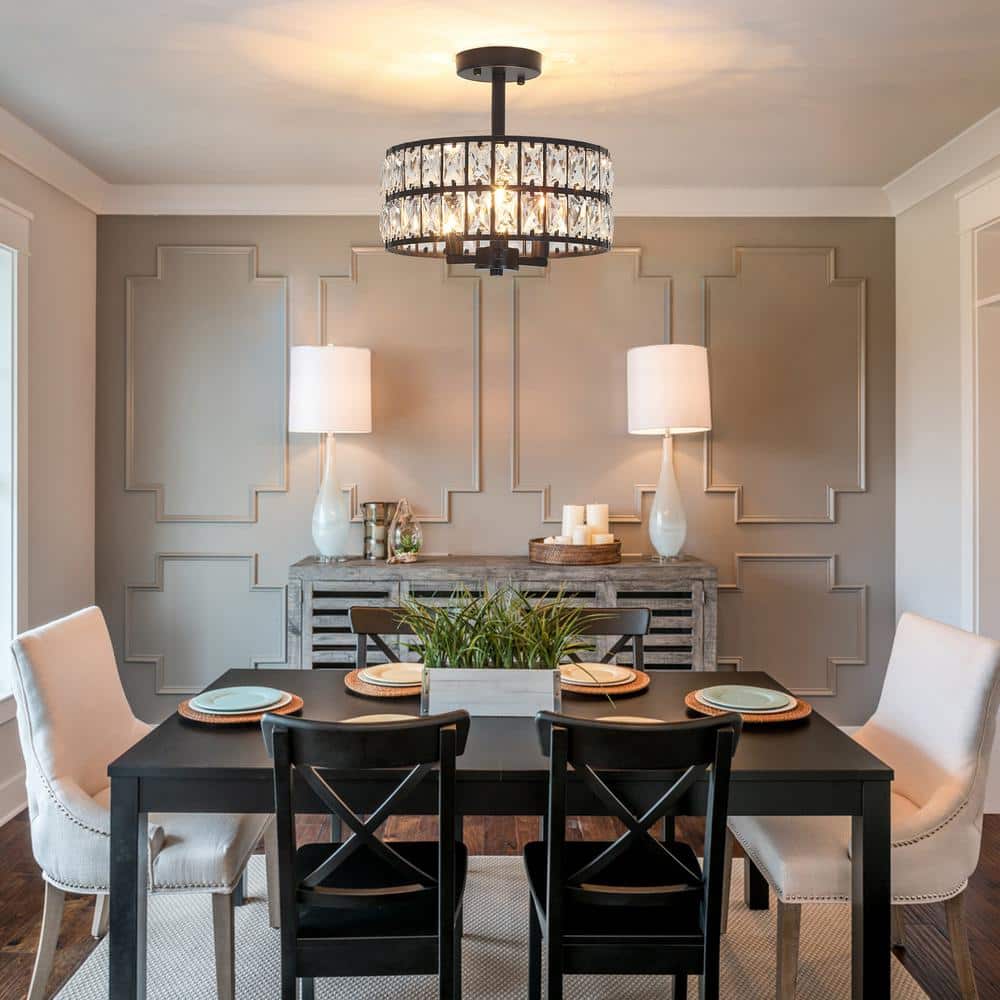 Black Metal and Crystal Drum Semi-Flush Mount Ceiling Light