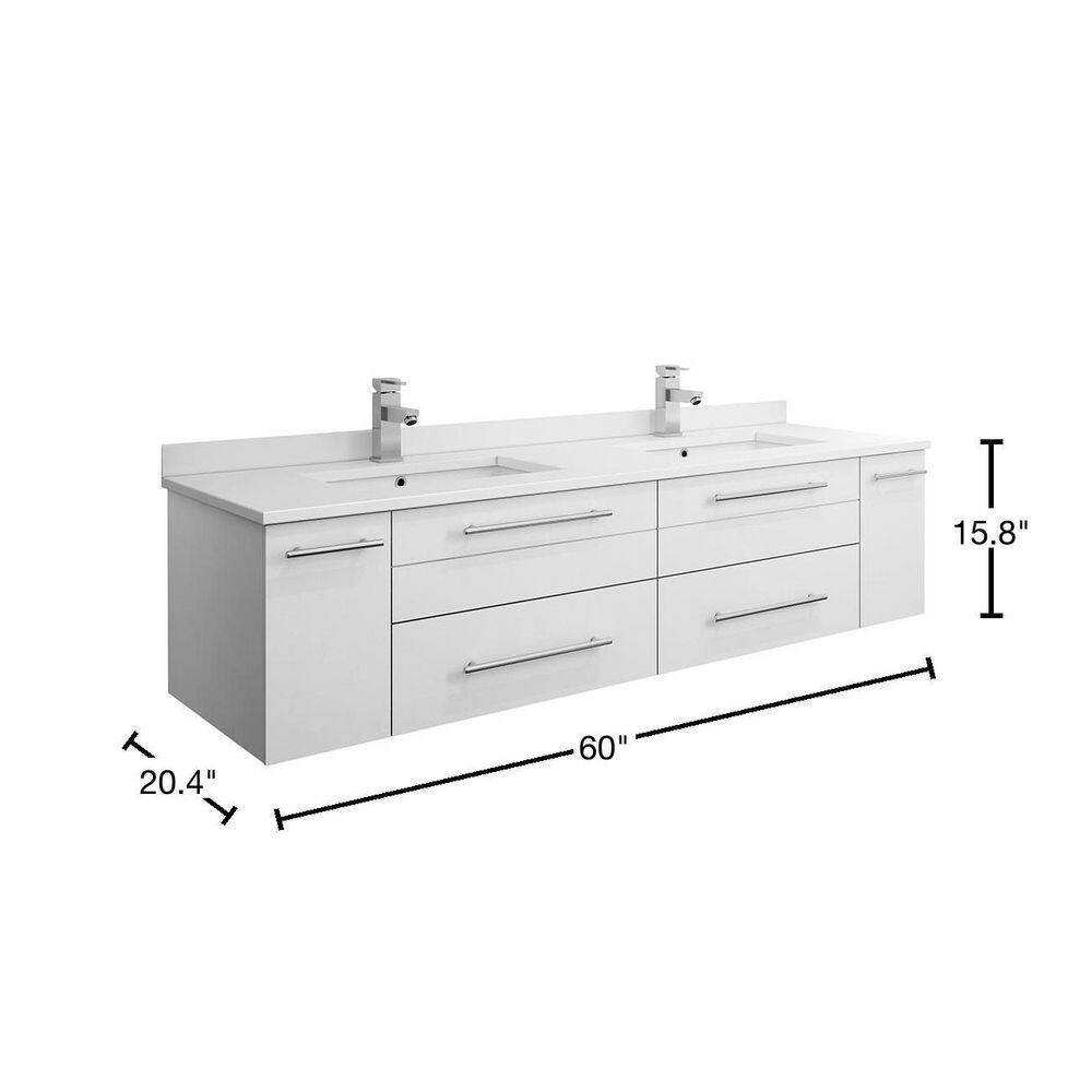 Lucera 60" White Quartz Double Wall-Mount Vanity with Ceramic Sinks