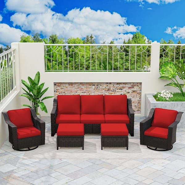 MeetLeisure 5-Piece Rattan Wicker Patio Conversation Set Sectional Outdoor Chairs with Red Cushions and Ottomans