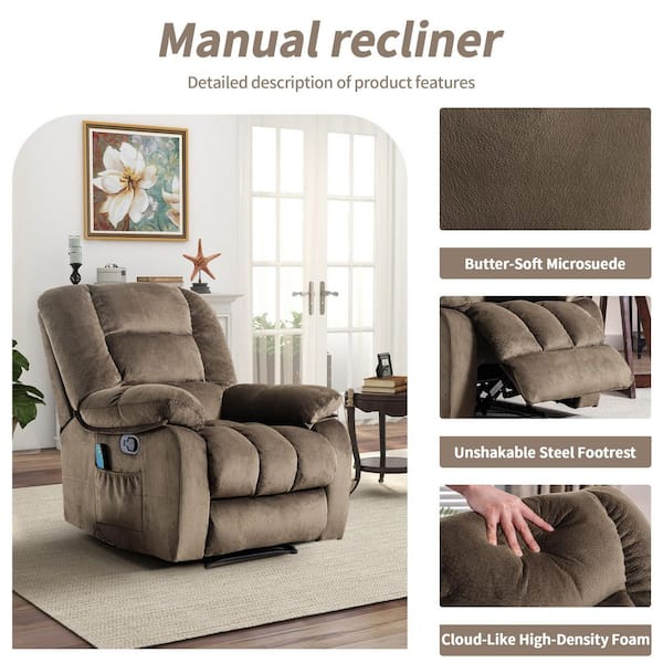 39.7 in. W Brown Overstuffed Fabric Recliner Chairs with 8-Point Vibration Massage Manual Pull Recliner w/ Time Setting