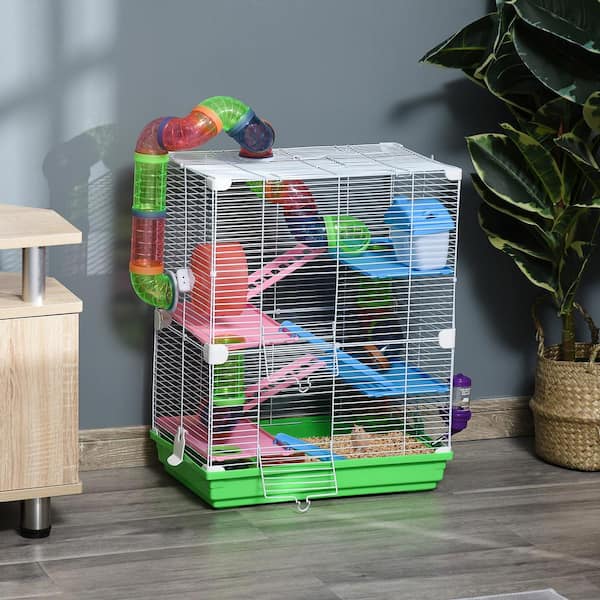 PawHut Hamster Cage, 23.5 Mouse Cage with Glass Basin, Ramps, Platforms,  Hut, Exercise Wheel, Black