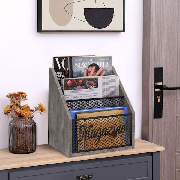 11.5 in. L x 7.7 in. W x 12.5 in. H Freestanding Floor Wood Magazine Rack, 3-Tier Magazine Rack for Magazines, Grey