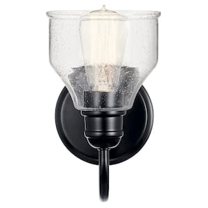 Avery 1-Light Black Industrial Wall Sconce Light with Clear Seeded Glass Shade