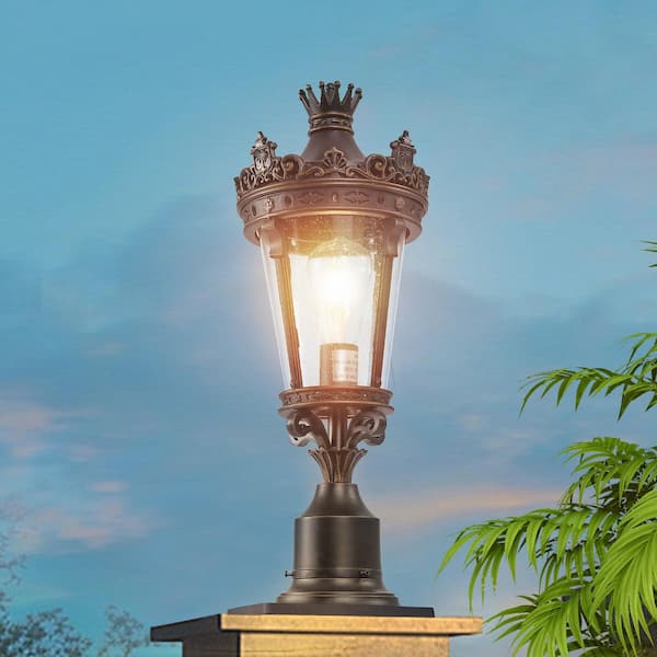 1-Light Black Golden Vintage Metal Outdoor Waterproof Post Light with Clear Glass Shade, E26 Base, No Bulb Included