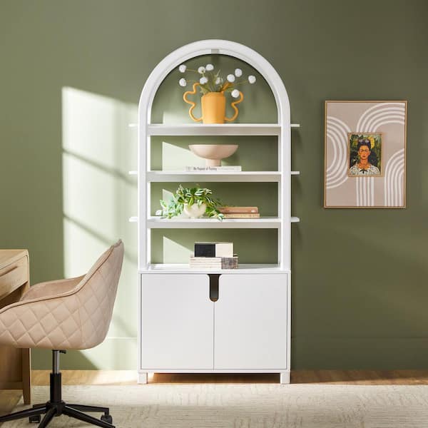 Zoey 72 in. Tall White MDF/Solid Pine Wood 3 Shelf Arched Modern Cabinet Bookcase