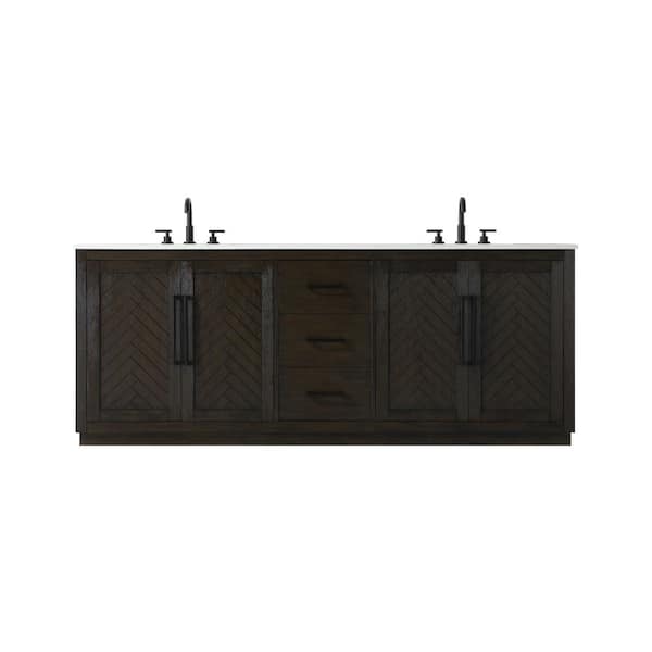 84 in. Double Sink Chocolate Oak Bath Vanity with White Engineered Marble Top