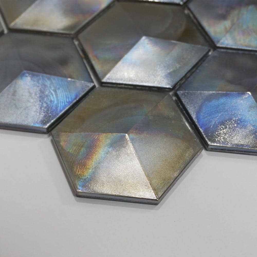Aurora Glossy Gray Glass Hexagonal Mosaic Tile Sheet