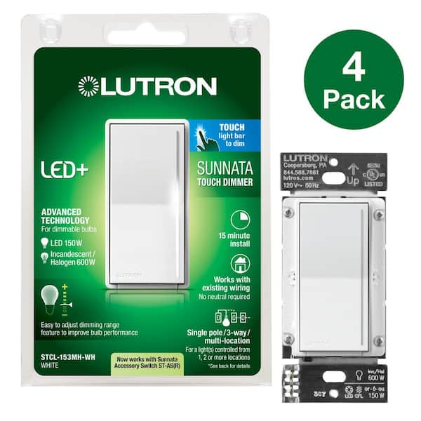 Lutron Sunnata Touch Dimmer Switch, for LED Bulbs, 150-Watt LED/3 Way or Multi Location, White (STCL-4PKMH-WH) (4-Pack)
