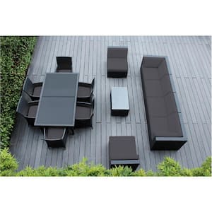 Black 14-Piece Wicker Patio Combo Conversation Set with Sunbrella Coal Cushions