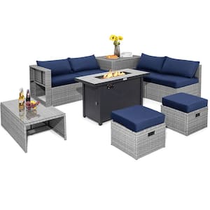 9-Pieces Wicker Patio Conversation Set Outdoor Sectional Sofa Set with 60,000 BTU Fire Pit and Navy Cushions