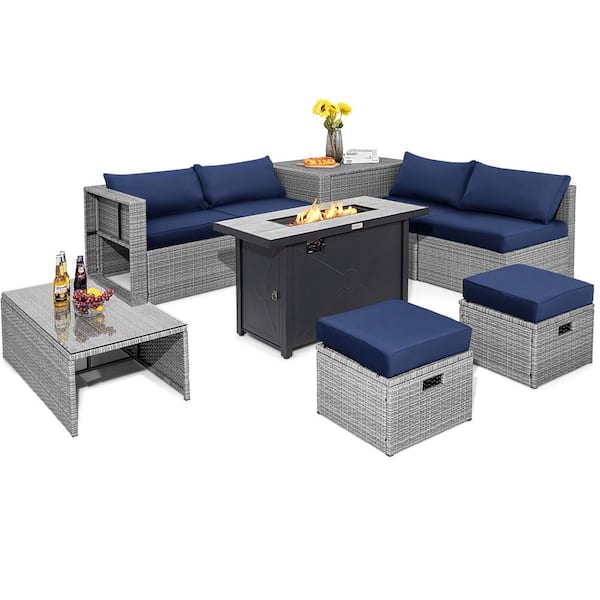 HONEY JOY 9-Pieces Wicker Patio Conversation Set Outdoor Sectional Sofa Set with 60,000 BTU Fire Pit and Navy Cushions