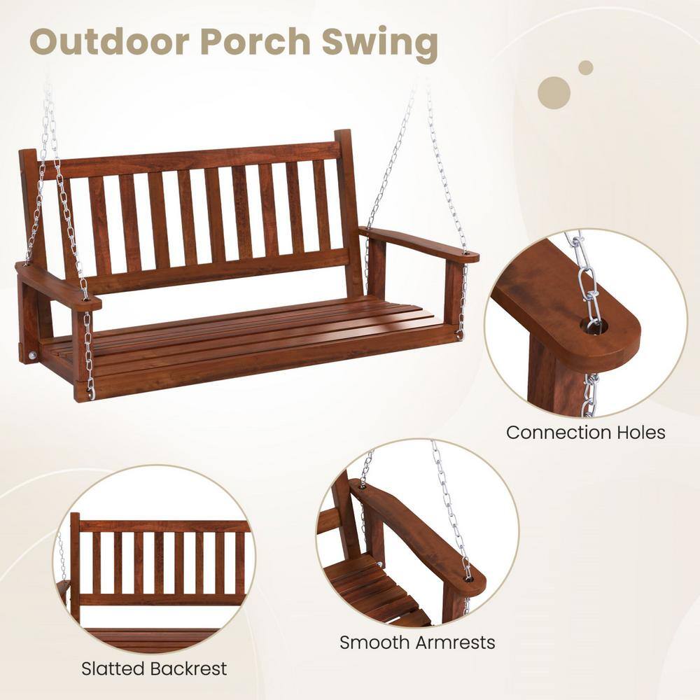 Brown Solid Wood 2-Person Outdoor Porch Swing with Metal Chains