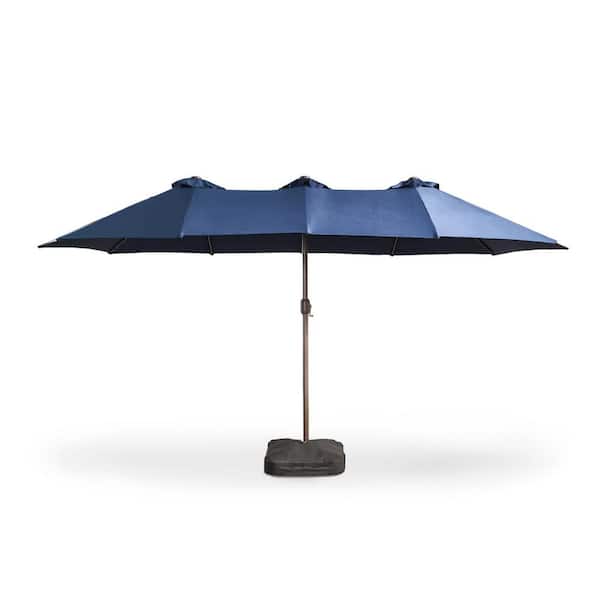 MIMOU Double Top 14.5 ft. Steel Cantilever Outdoor Patio Umbrella with Base and LED Smart Strips in Navy Blue