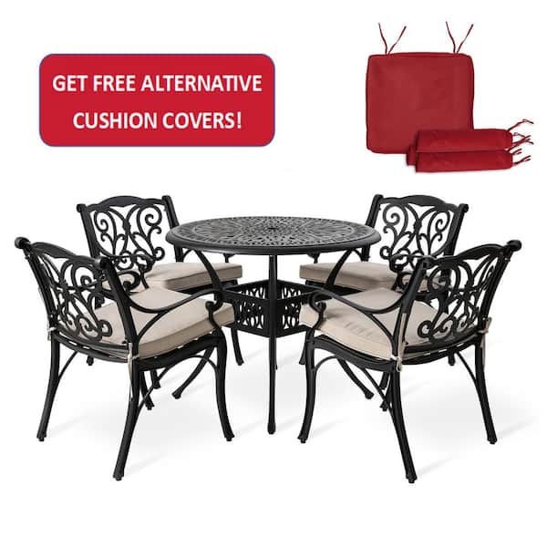 Glitzhome 5-Piece Cast Aluminum Outdoor Dining Set with Beige Cushions and Olefin Fabr Alternative Wine Red Cushion Covers