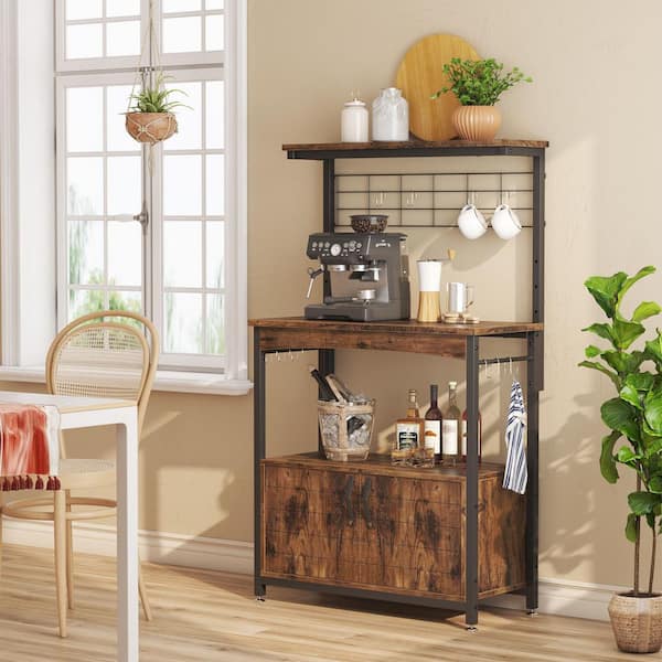 Bestier Rustic Brown 31.5 in. W 3-Tier Metal and Wood Baker's Rack with Storage Cabinet and Adjustable Feet
