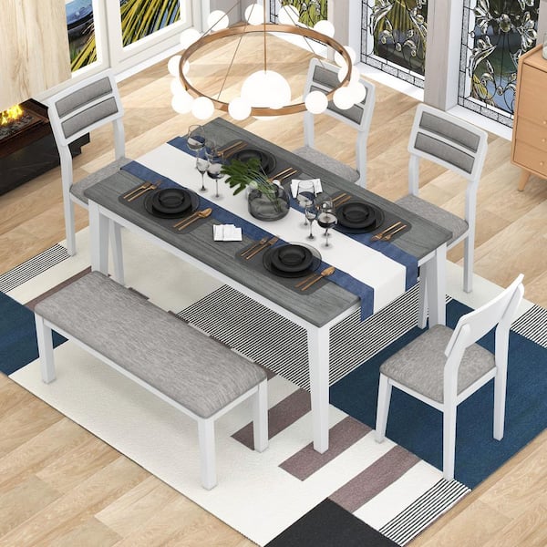 6-Piece White/Gray Dining Set with 4-Upholstered Chairs and 1-Bench