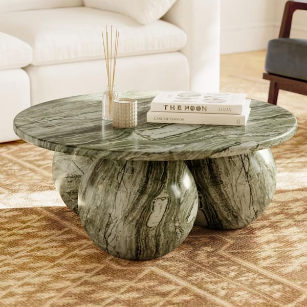 Poly and Bark Marmo 34 in. Seaweed Green Round Marble Coffee Table