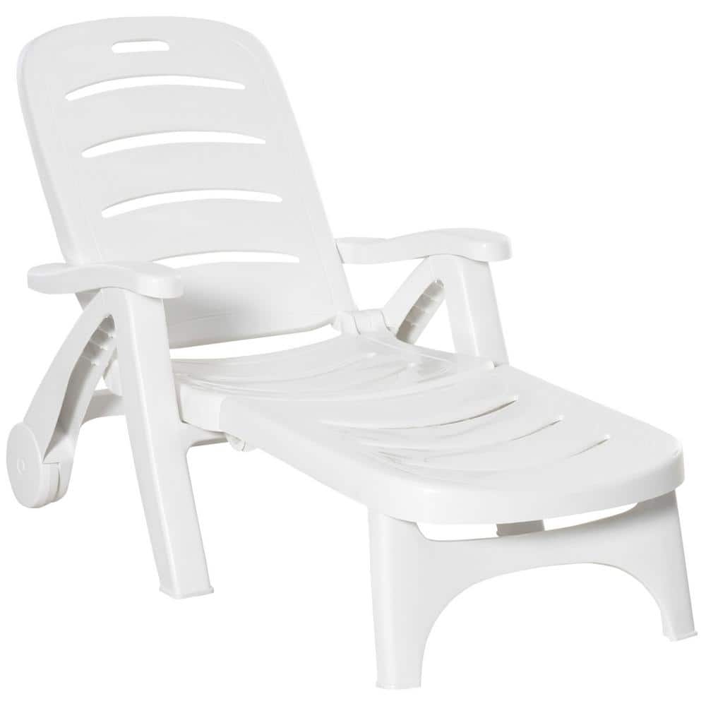 White Plastic Folding Outdoor Chaise Lounge with Adjustable Backrest and Wheels
