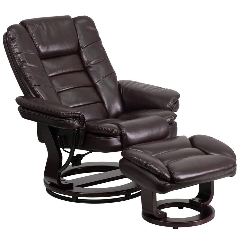 Brown Leather Swivel Recliner with Ottoman and Wood Base