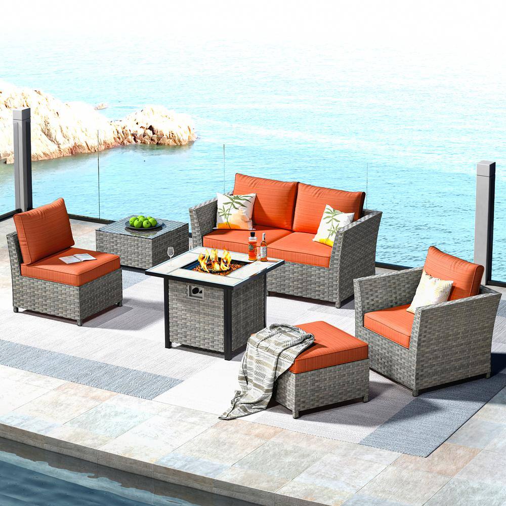 OVIOS Bexley Gray 7Piece Wicker Fire Pit Patio Conversation Seating