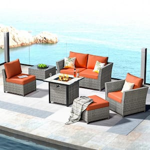 Bexley Gray 7-Piece Wicker Fire Pit Patio Conversation Seating Set with Orange Red Cushions