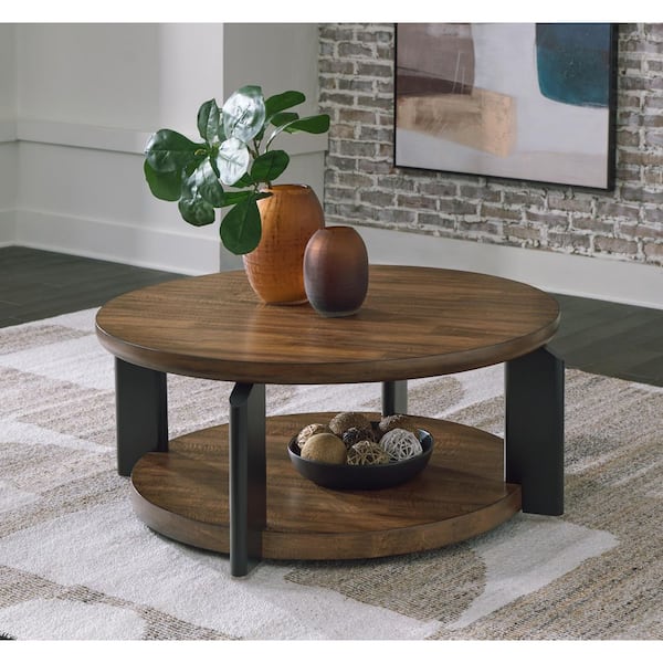Kraeburn 43.75 in. Brown/Black Round MDF Coffee Table with 1-Shelf and Casters
