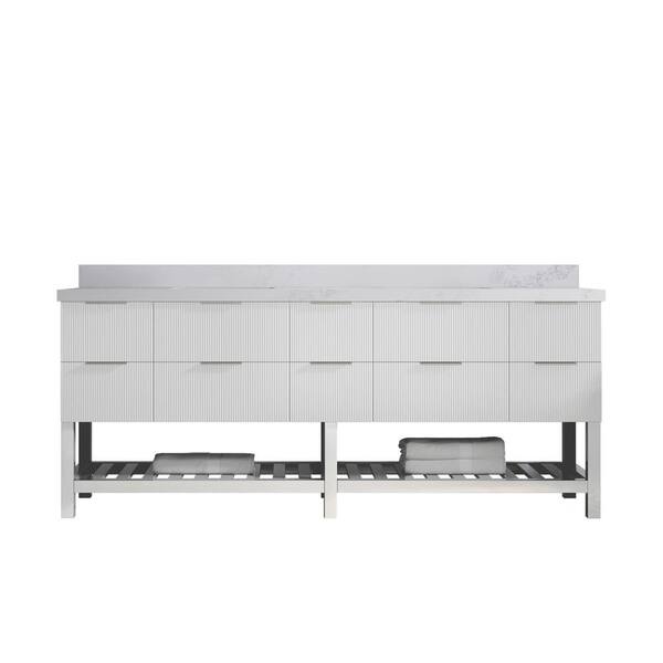 Willow Collections Catalina 84 in. W x 22 in. D x 36 in. H Double Sink Bath Vanity in White with 2 in. Calcutta Nuvo Qt. Top